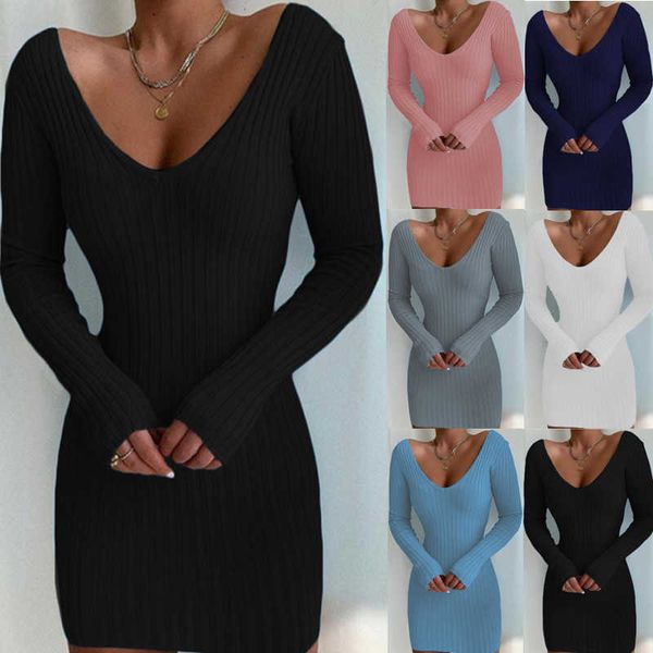 

sweater dress 2022 women's autumn and winter new v-neck slim long sleeve knitted, Black;gray