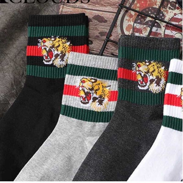 

socks hosiery autumn and winter pure cotton women's socks embroidered tiger stripes funny men's mid-tube basketball sports socks t, Black;white