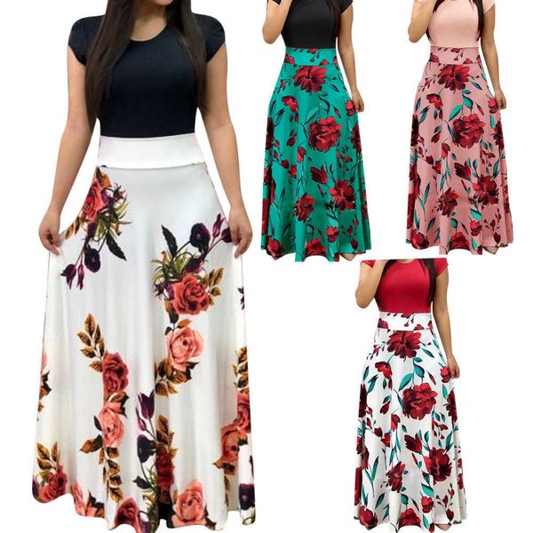 

short 2019 floral print color matching dress long skirt sleeve 5xl, Black;gray
