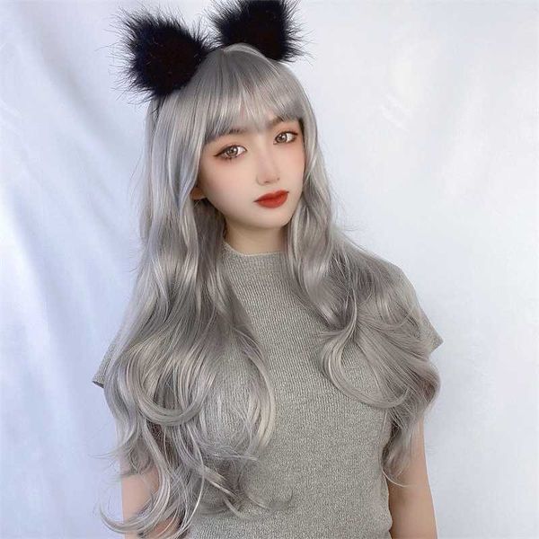 

hair lace wigs wig granny grey air bangs curly big wave temperament trim face long hair, Black