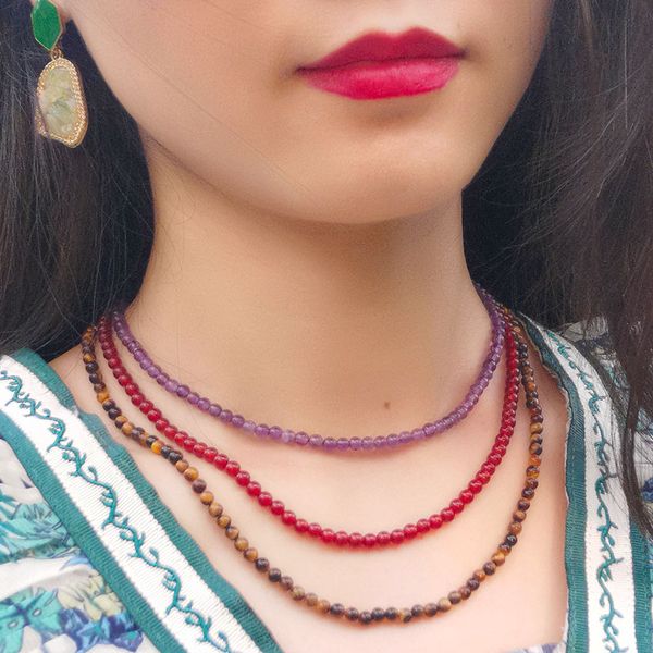 

4mm natural stone beaded choker necklace collar women semi-precious gemstone precious tiger eye jade quartz amethyst necklaces fine jewelry, Golden;silver