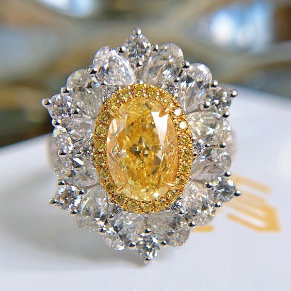

luxury 20mm exaggerated 925 sterling silver women's ring resizable egg zircon yellow temperamental wedding retro jewelry, Slivery;golden