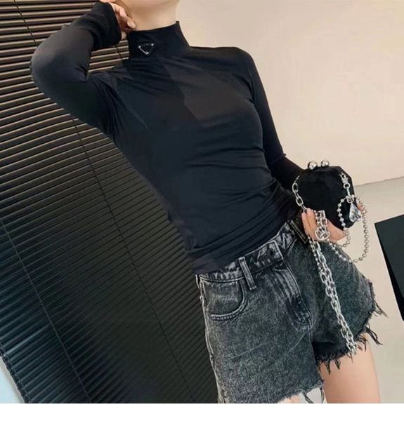 

fashion women's t shirt long sleeve base black and white 2 color designer luxury cotton elastic soft comfort triangle