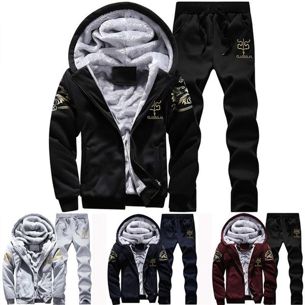 

jogging clothing men winter thick fleece zipper coat pants suit hooded jacket trousers tracksuit cardigan elastic pants casual hoodie 2826, Black;red