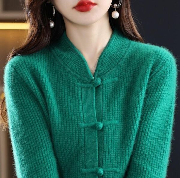 

women's sweaters wool cardigan casual knitted half-high collar china knot buckle sweater knitted cashmere jacket plus size, White;black