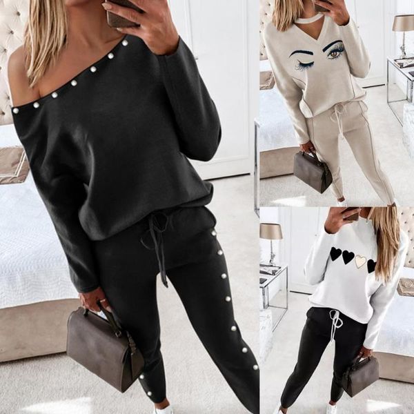 

women's two piece pants fashion tracksuit set eyes print mid waist skin-friendly ankle banded long sleeve top, White
