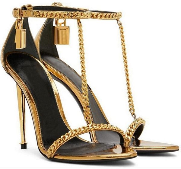 

fashion brands tomfords women sandals shoes gold chain lin padlock pointy naked high heels lady gladiator sandalias party wedding eu35-43, Black