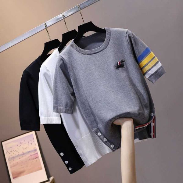 

fashion designer thomes brownns t-shirt summer tb four bar color contrast cartoon pullover t-shirt round neck short sleeve college style, White;black