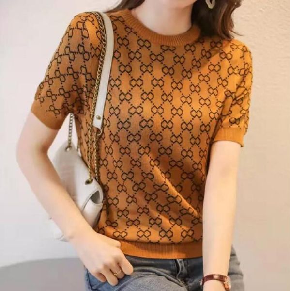 

women's knits & tees gc letter new high-quality temperament all-match round neck t-shirt ice silk small shirt was thin jacquard knitted, White