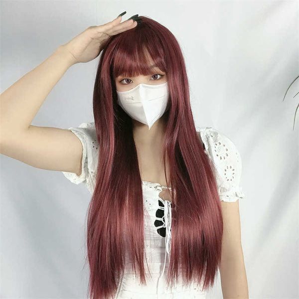 

hair lace wigs japane and kwai wine long straight hair qi liu hai dyed chemical fiber head net red live broadcast, Black