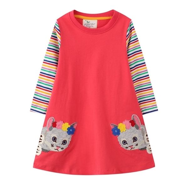 

girls dresses cat applique cotton princess long sleeve baby dress animals children costume party cute 221107, Red;yellow