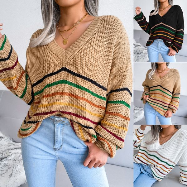 

2022 women's casual vintage v-neck sweaters spring stripe pullover women autumn loose knitted sweater new pull femme, White;black