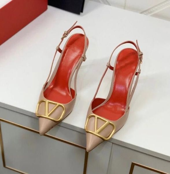 

2022 sandals metal v buckle high heel shoes pointed toe genuine leather thin heels 4cm 6cm 8cm 10cm summer classics women red wedding yff5, Black