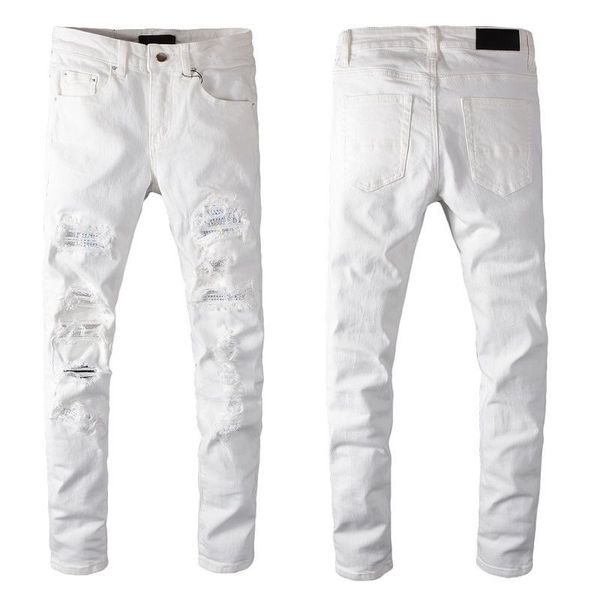 

men's jeans high street hole-studded white jeans patch elastic slim fit pants, Blue