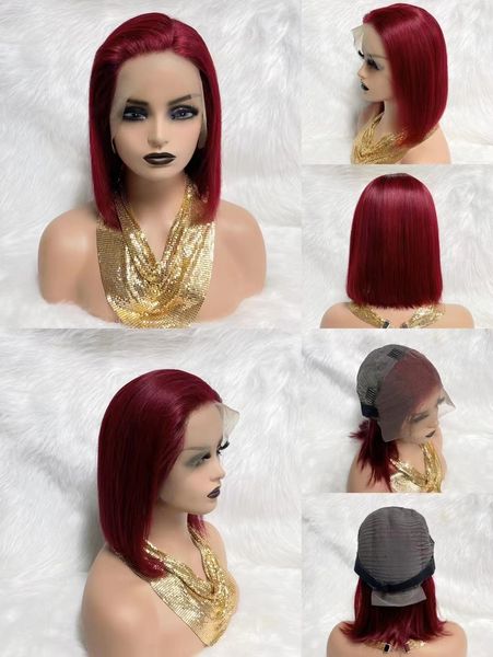 

burgundy 99j full lace front hair wig red wine colored short straight bob 13x4 frontal human hair wigs for women, Black