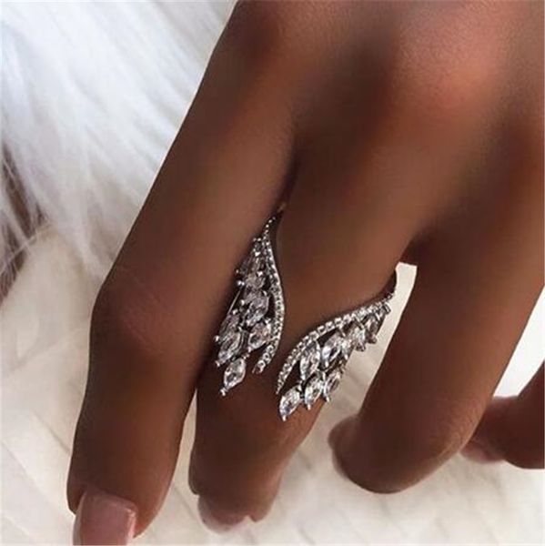 

female angel wings ring 100% 925 sterling silver diamond zircon cz engagement wedding band rings for women finger jewelry gift, Slivery;golden