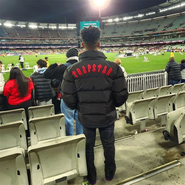 

men's 2022 winter warm trapstar london hoodie detachable hooded down jacket black red embroidered letter coat central cee, Black;brown