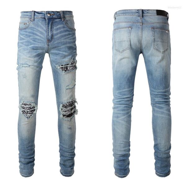 

men's jeans fashion street men retro blue elastic slim ripped homme brand patch designer hip hop denim pants hole trousers