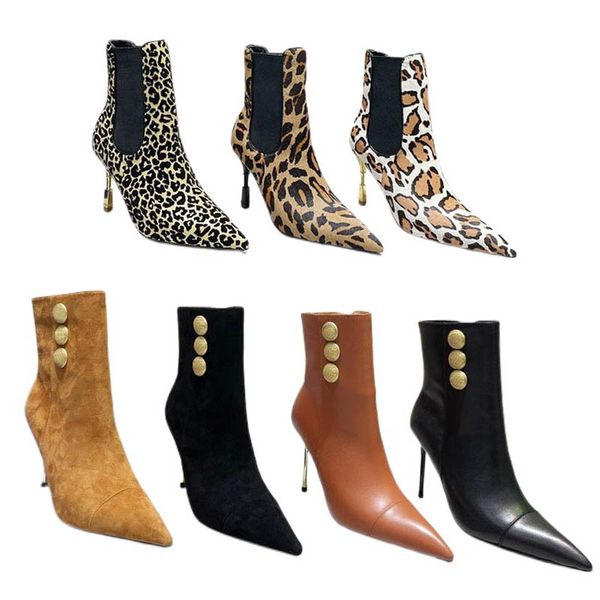 

pointed round button color contrast zipper short boots women genuine leather latest boot martin booties high heels, Black