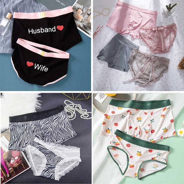 

briefs panties 2pcs couples lovers underwear soft cotton men boxer women lace ice silk panties breathable short underpants clothing t221108, Red;black