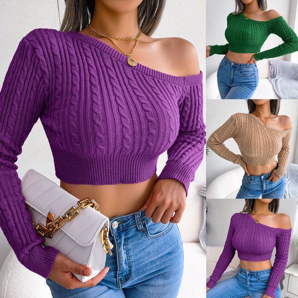 

fashion off-the-shoulder sweater 2022 autumn long-sleeve knitted sweater pullover women shirt elegant solid all match, White;black
