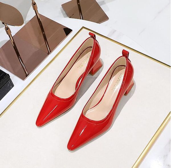 

new mid heel shoes patent leather women pumps pointed professional ol women's shoes thick heel ladies sheos, Black