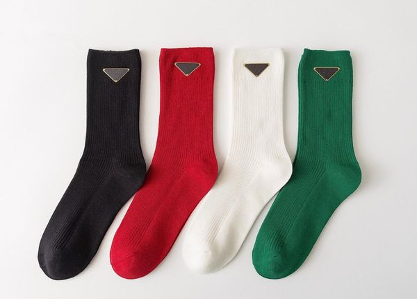 

designer pra gold letters triangle badge socks for women solid middle tube warm cotton sock fashion female stockings, Black;white