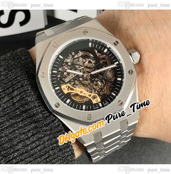 

new royal a2813 automatic mens watch 15407st.oo.1220st.01 black skeleton dial 15407st stainless steel bracelet 41mm gents watches puretime e, Slivery;brown