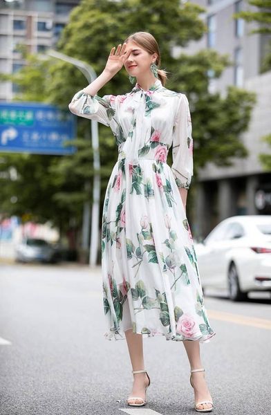 

dresses european and american catwalk retro printed bow tie with a slim waist for holiday big swing elegant mid length dress, Black