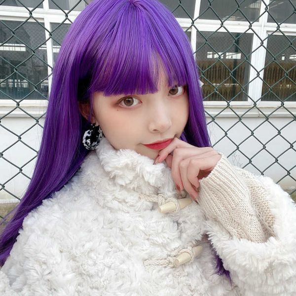 

hair lace wigs purple wig women's medium and long cartoon bangs net red same clavicle ita false hair, Black