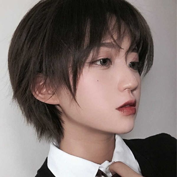 

hair lace wigs wig men and women qi bangs handsome student short straight hair fake men's clothing net red chemical fiber head cover, Black