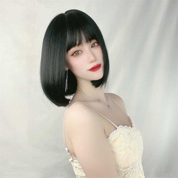 

hair lace wigs female short hair korean air bangs bobo ffy face trimming wig head cover, Black
