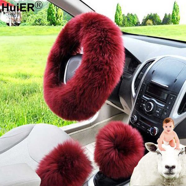 

steering wheel covers huier 3pcs/set winter car steering-wheel cover 7 colors long australian wool heated fur genuine leather steering wheel