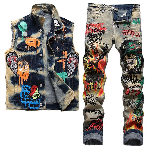 

punk street tracksuits motorcycle men's vest and jeans 2pcs set retro blue locomotive metal rock badge embroidered denim waistcoat matc, Gray