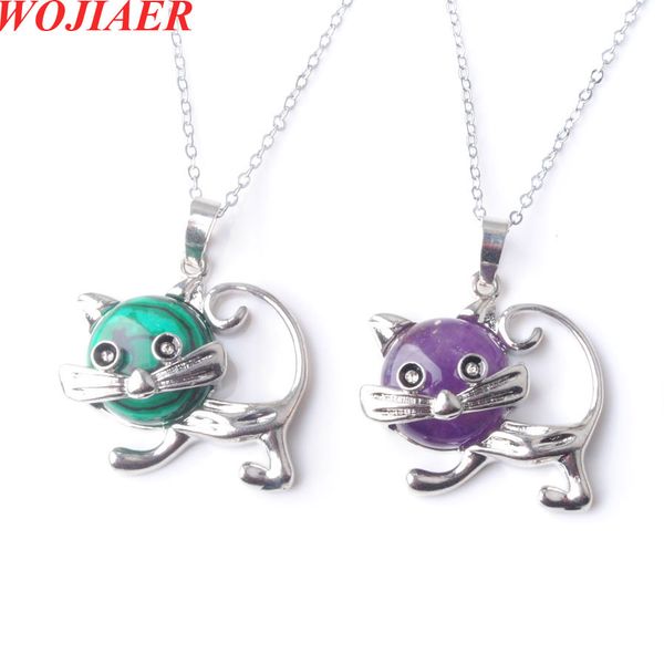 

wholesale natural stone black agate cute cat pendant women chakra necklace chains girl jewelry be905, Silver