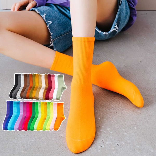 

socks hosiery women cotton socks 22 solid colors orange pink black white soft harajuku casual crew female sock spring autumn style 1 pack t2