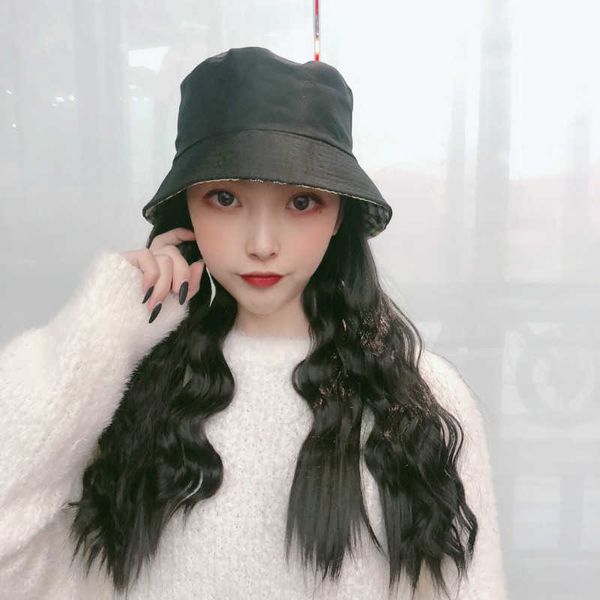 

hair lace wigs straight wig one female fisherman hat net red long curly hair corn, Black