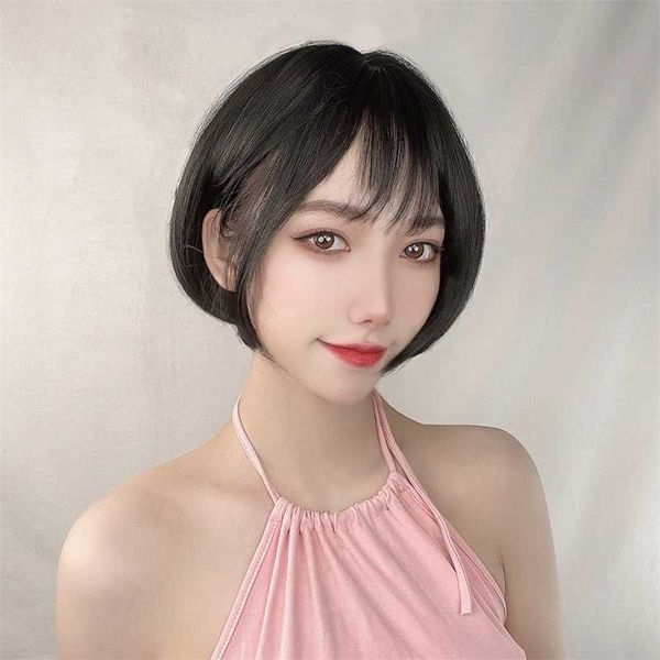 

hair lace wigs short straight bobo head air bangs simulation hair mechanism chemical fiber headgear female wig dealer, Black