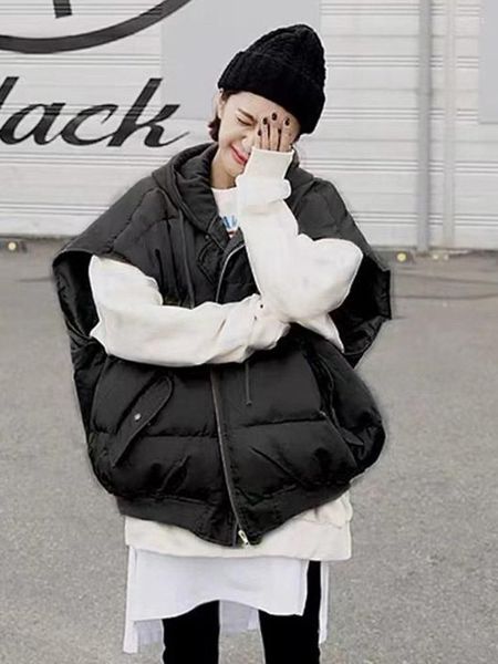 

women's vests lanmrem korean style chic cotton padded vest women's hooded loose bf thickened coats female winter casual clothing 2, Black