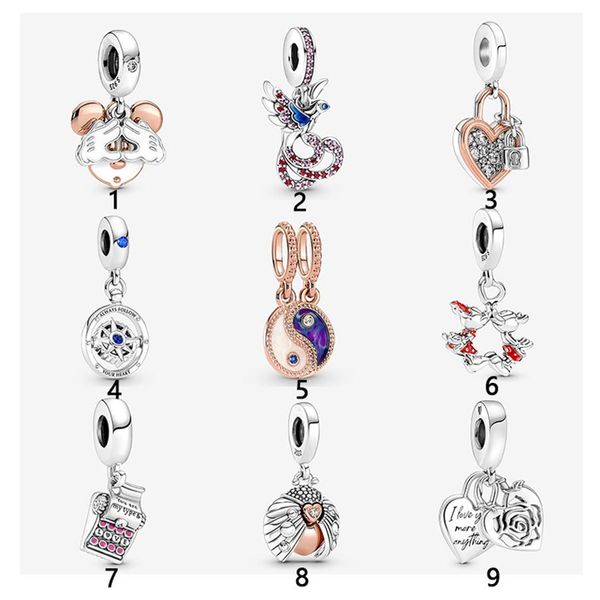 

new 925 sterling silver fit pandora charms bracelets mouse love heart dangle flower ladybird compass charm for european women wedding o240f, Golden;silver