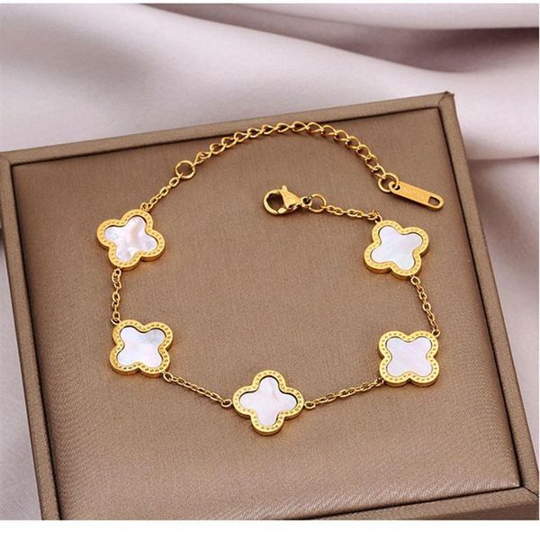 

fashion jewelry lucky ladi four leaf clover bracelet 18k gold plated stainls steel bracelet designer women van steel204u, Black