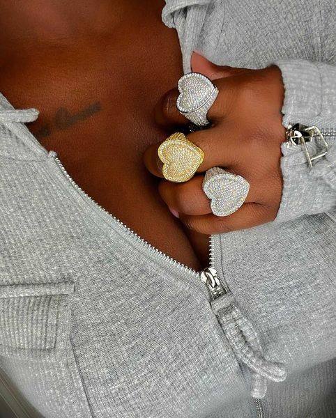 

pave micro cz full finger ring for women big heart shaped valentine's gift ice out bling cocktail rings288d, Silver