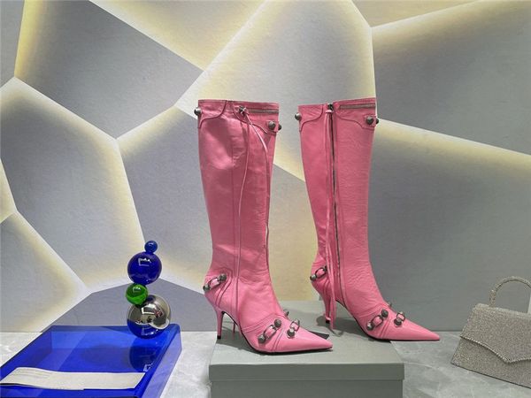 

designer luxury 22 le cagole red carpet pink leather knee high boots booties with original box, Black