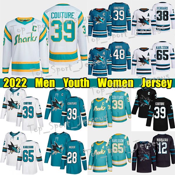 

#39 logan couture reverse retro hockey jersey #48 tomas hertl jose sharks#28 timo meier erik karlsson nick bonino brent burns patrick marlea, Black;red