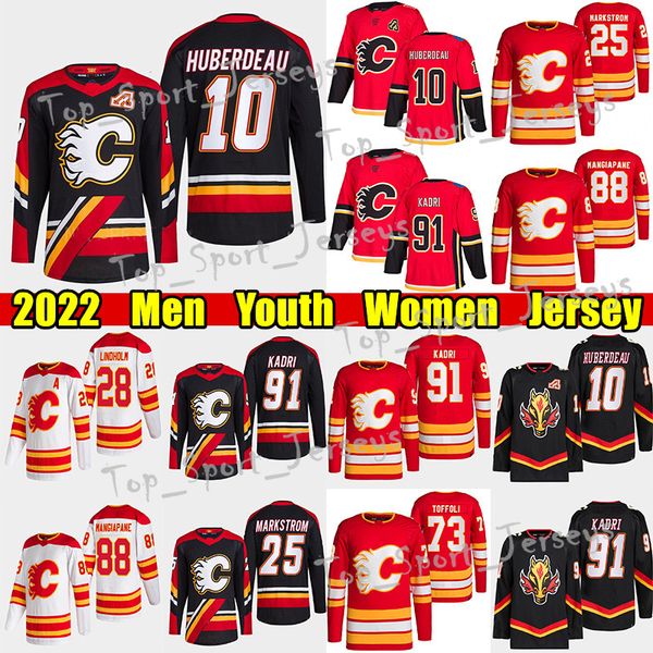 

#10 jonathan huberdeau reverse retro hockey jersey #91 nazem kadri flames#25 jacob markstrom elias lindholm andrew mangiapane tyler toffoli, Black;red