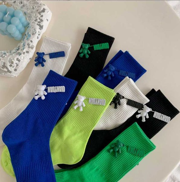 

socks hosiery black and white pure color tube female pin bear lovely personality tide ins korean dents long cotton t221102, Black;white
