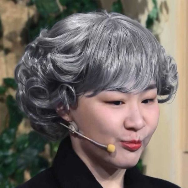 

hair lace wigs granny's performance stage props lady's middle-aged and old aged gray wig female short curly head cover, Black