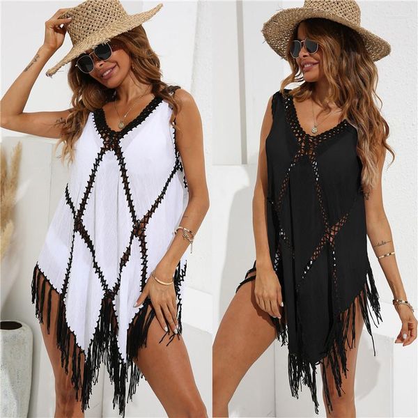 

women's swimwear crochet beach cover up fringe tunic swimsuit white black tunics for woman 2022 summer bikini geometric cover-ups