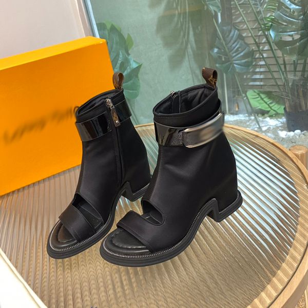 

high heeled martin boots autumn winter coarse heel women shoes desert boot real leather zipper letter lace up fashion lady heels large size, Black