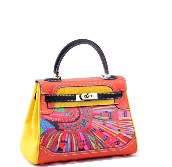 

h bag handheld h ermese designer bags printed graffiti cowhide color contrast medium leather women hand shoulder